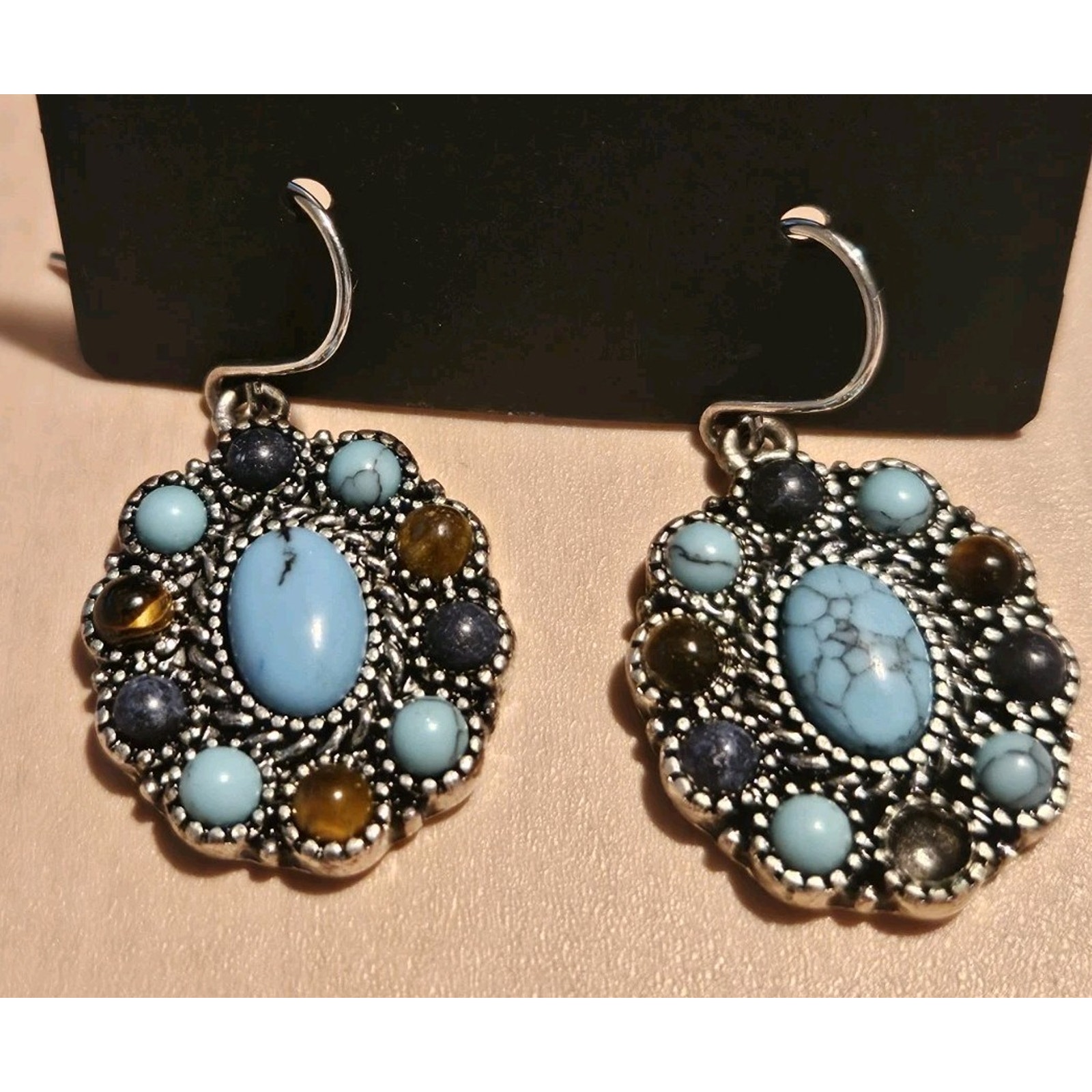 Chaps Ralph Lauren Turquoise Earrings Semi Precious Accents Silver Tone Dangle 10$